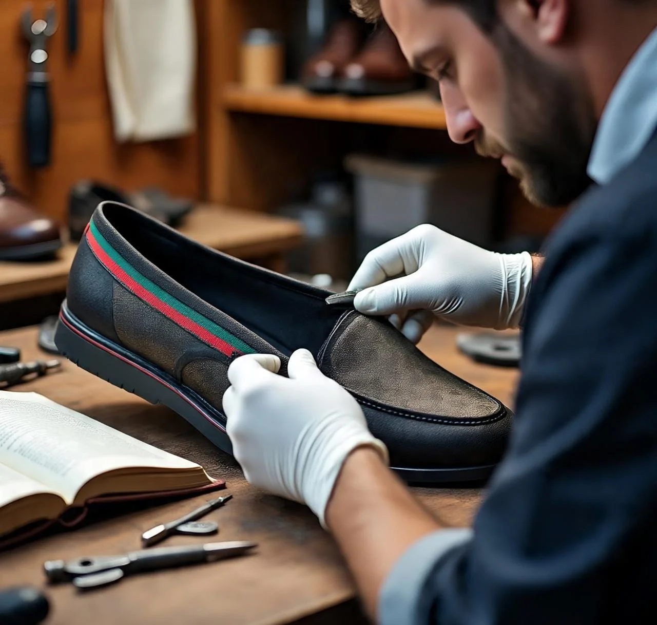 Professional shoe repair tools and workspace